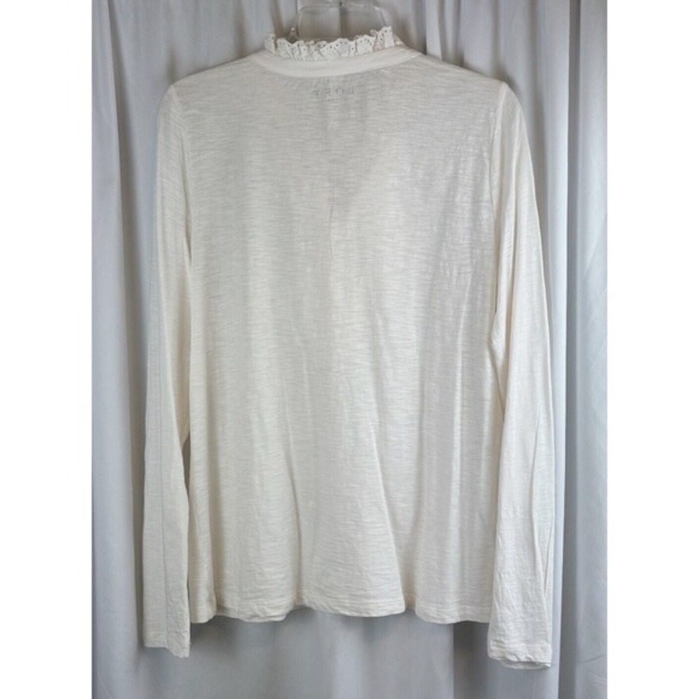 LOFT Cream Eyelet Lace Ruffle Henley Top‎ Long Sleeve Cotton L Cottagecore 58-22 - Picture 7 of 11